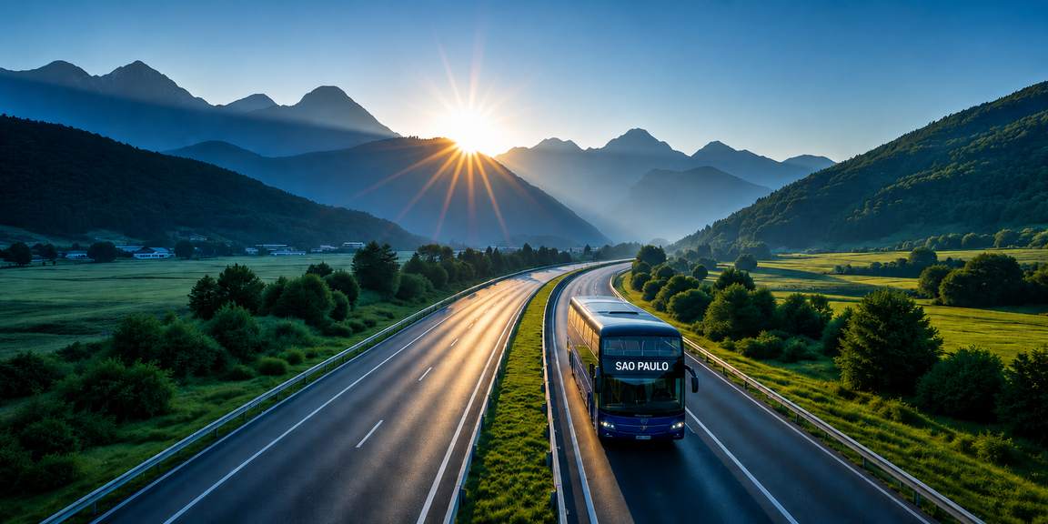 Ônibus em estrada ao amanhecer, entre montanhas